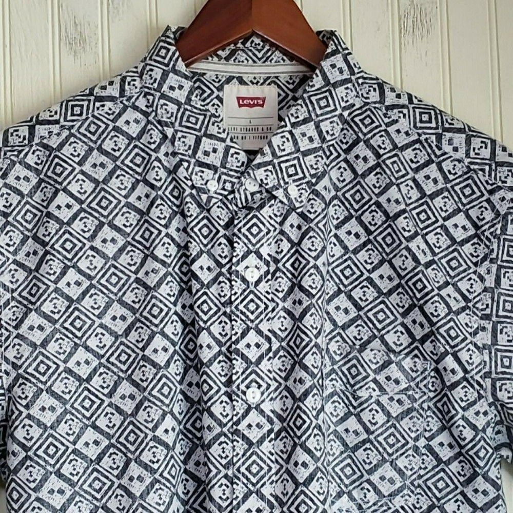 Levi's Shirt Mens Large White Geometric Short Sleeve Button-Up‎ Woven Casual